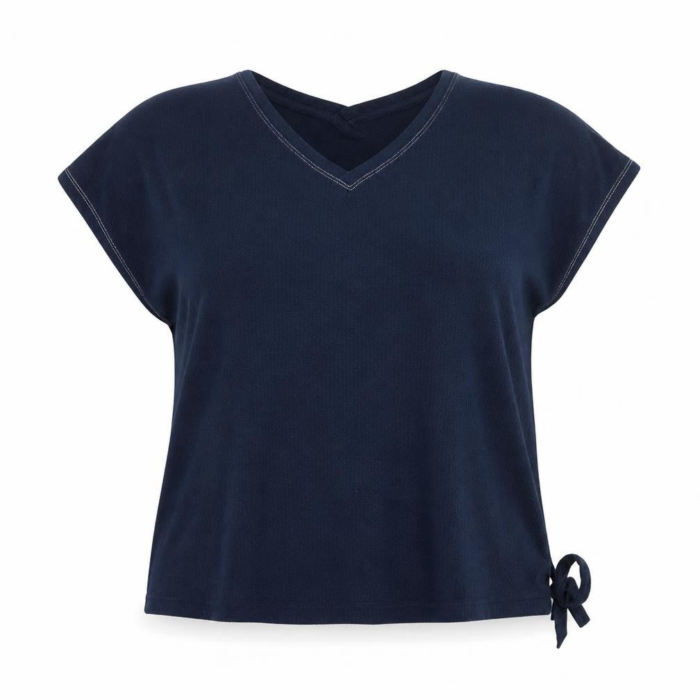 Front view of Marks & Spencer women’s blue polyester basic blouse, size UK 14, v-neck - drawstring hem