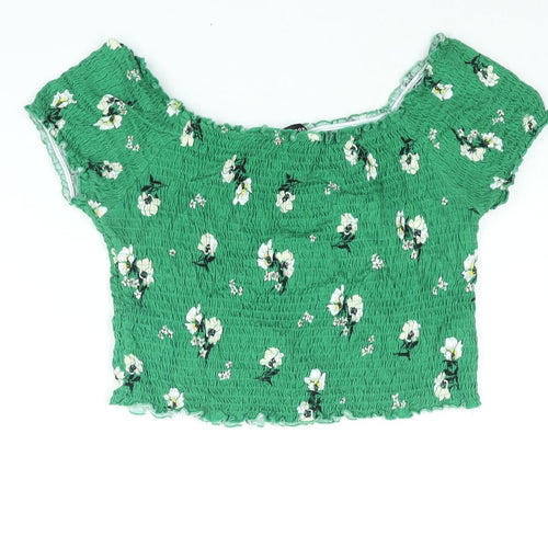 New Look Womens Green Floral Cotton Basic Blouse Size 16 Boat Neck - Rouched