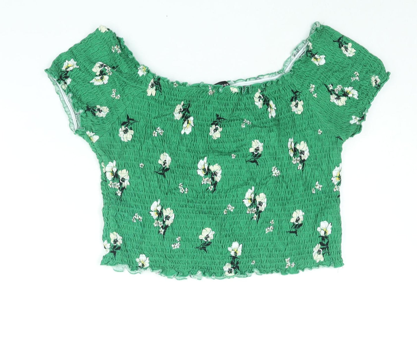 New Look Womens Green Floral Cotton Basic Blouse Size 16 Boat Neck - Rouched