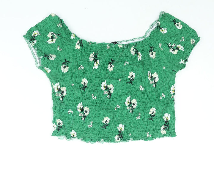 New Look Womens Green Floral Cotton Basic Blouse Size 16 Boat Neck - Rouched