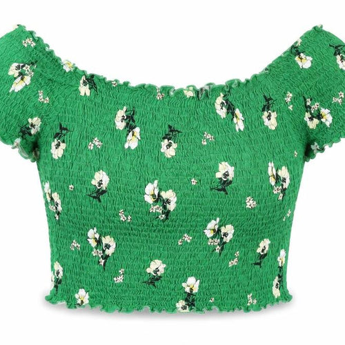 New Look Womens Green Floral Cotton Basic Blouse Size 16 Boat Neck - Rouched