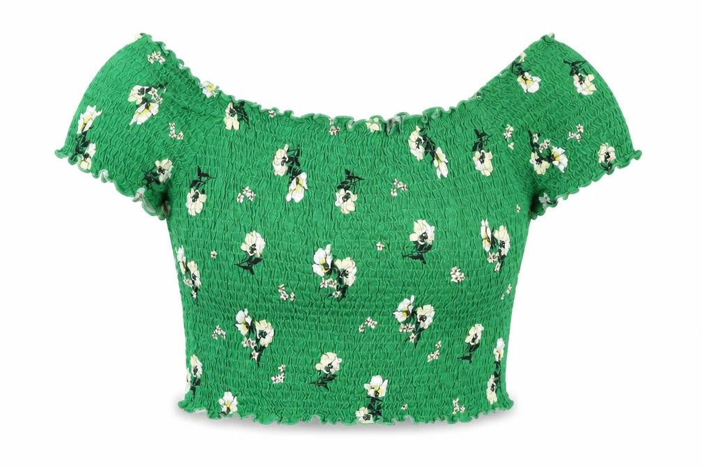 New Look Womens Green Floral Cotton Basic Blouse Size 16 Boat Neck - Rouched
