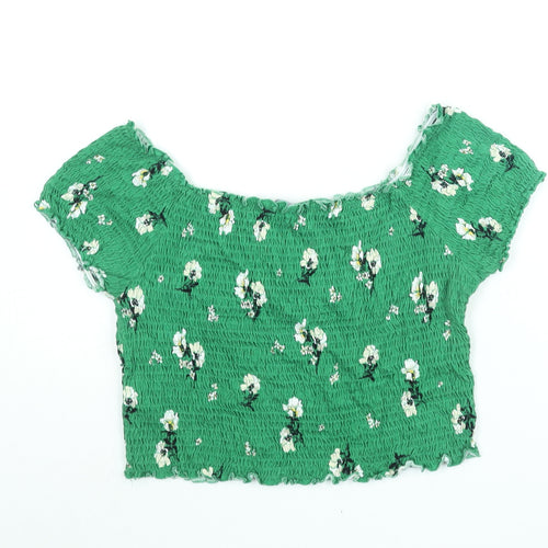 New Look Womens Green Floral Cotton Basic Blouse Size 16 Boat Neck - Rouched