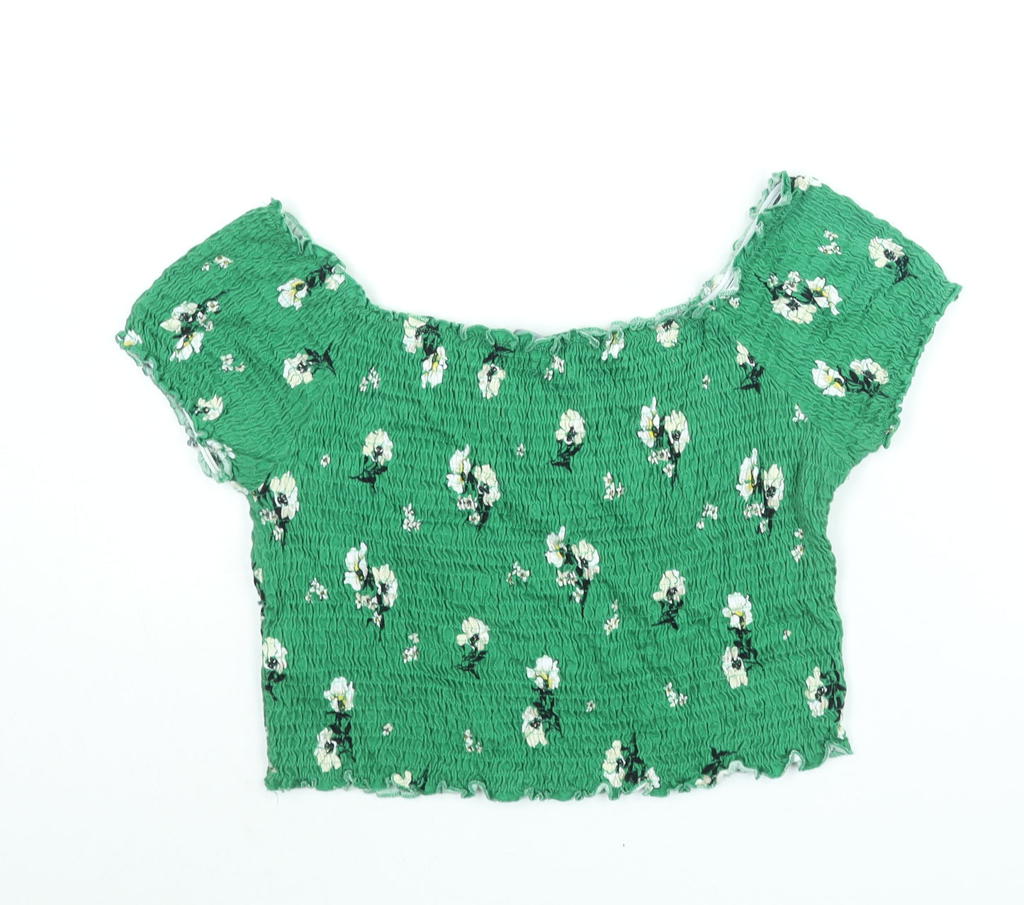 New Look Womens Green Floral Cotton Basic Blouse Size 16 Boat Neck - Rouched