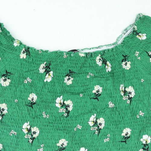 New Look Womens Green Floral Cotton Basic Blouse Size 16 Boat Neck - Rouched