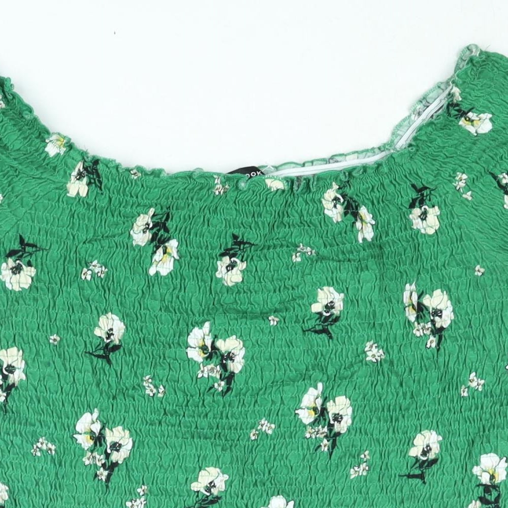 New Look Womens Green Floral Cotton Basic Blouse Size 16 Boat Neck - Rouched