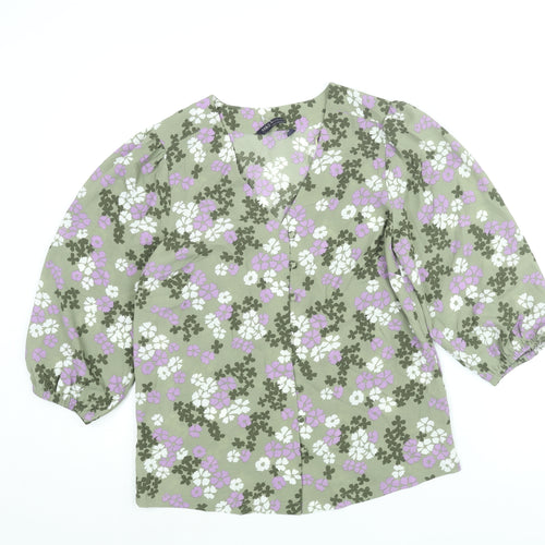 Marks and Spencer Womens Green Floral Polyester Basic Button-Up Size 8 V-Neck