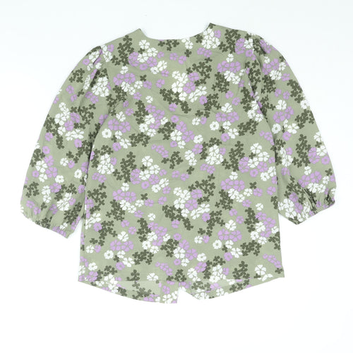Marks and Spencer Womens Green Floral Polyester Basic Button-Up Size 8 V-Neck