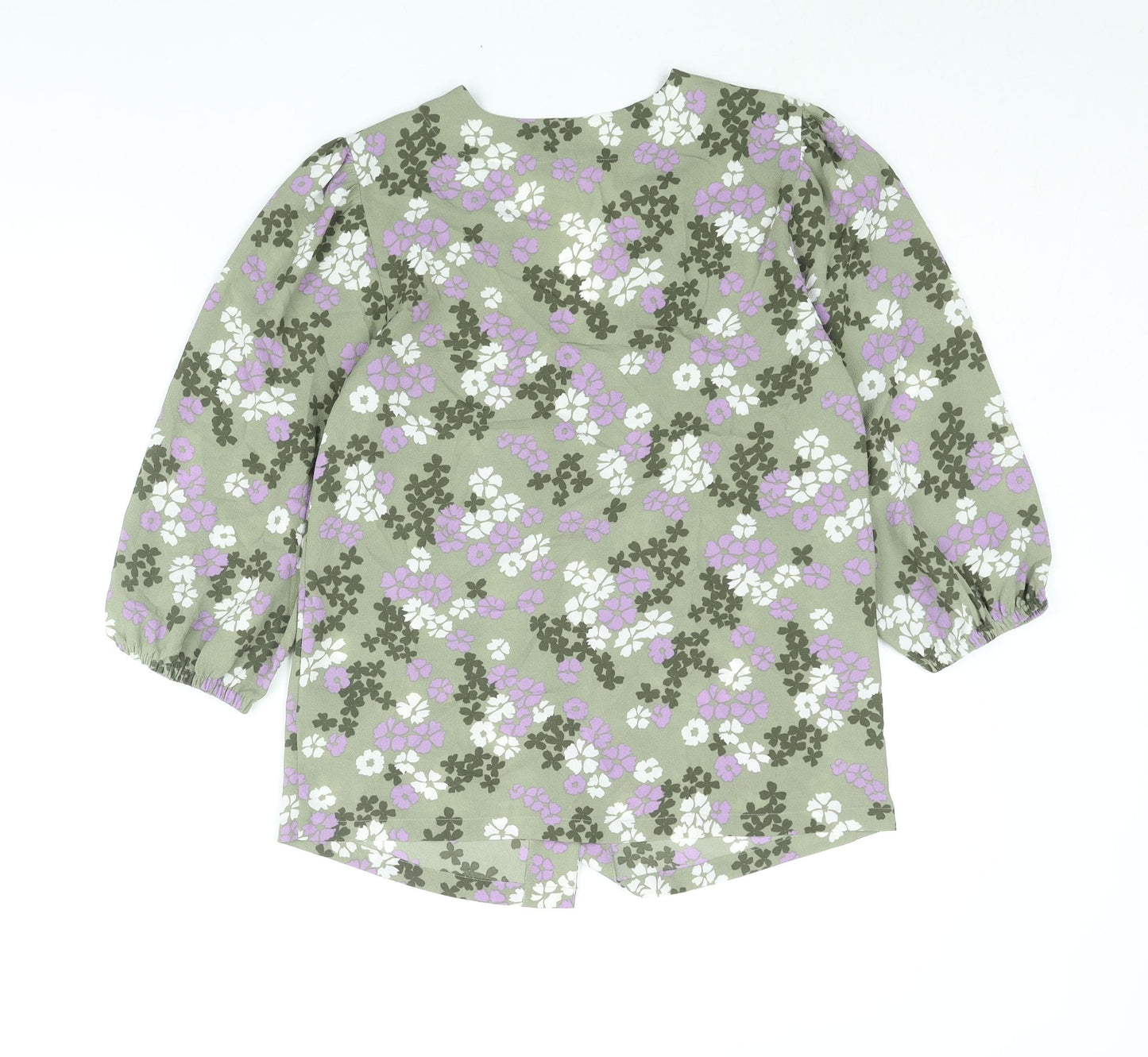 Marks and Spencer Womens Green Floral Polyester Basic Button-Up Size 8 V-Neck