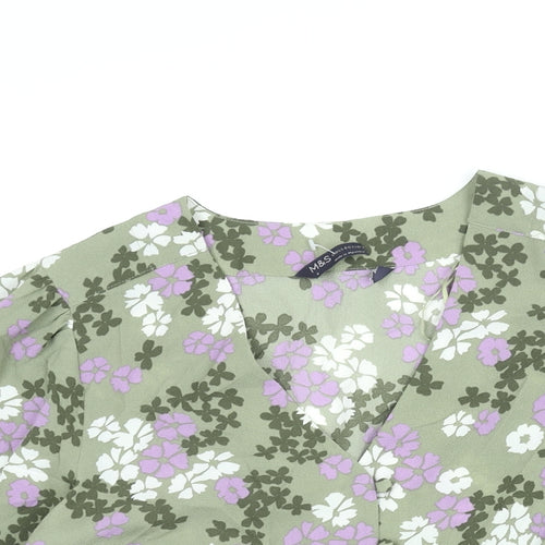 Marks and Spencer Womens Green Floral Polyester Basic Button-Up Size 8 V-Neck