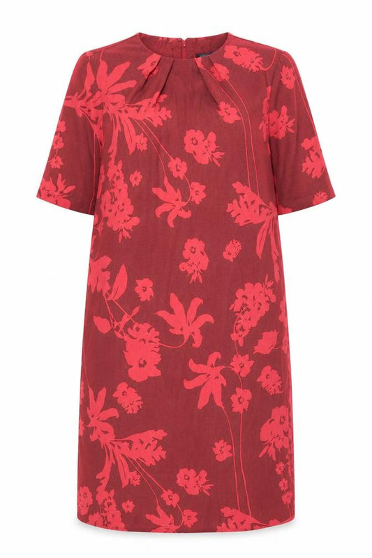 Front view of Marks & Spencer women’s pink floral polyester shift, size UK 10, round neck button