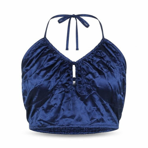 Wednesday's Girl Womens Blue Polyester Cropped Blouse Size XS Halter