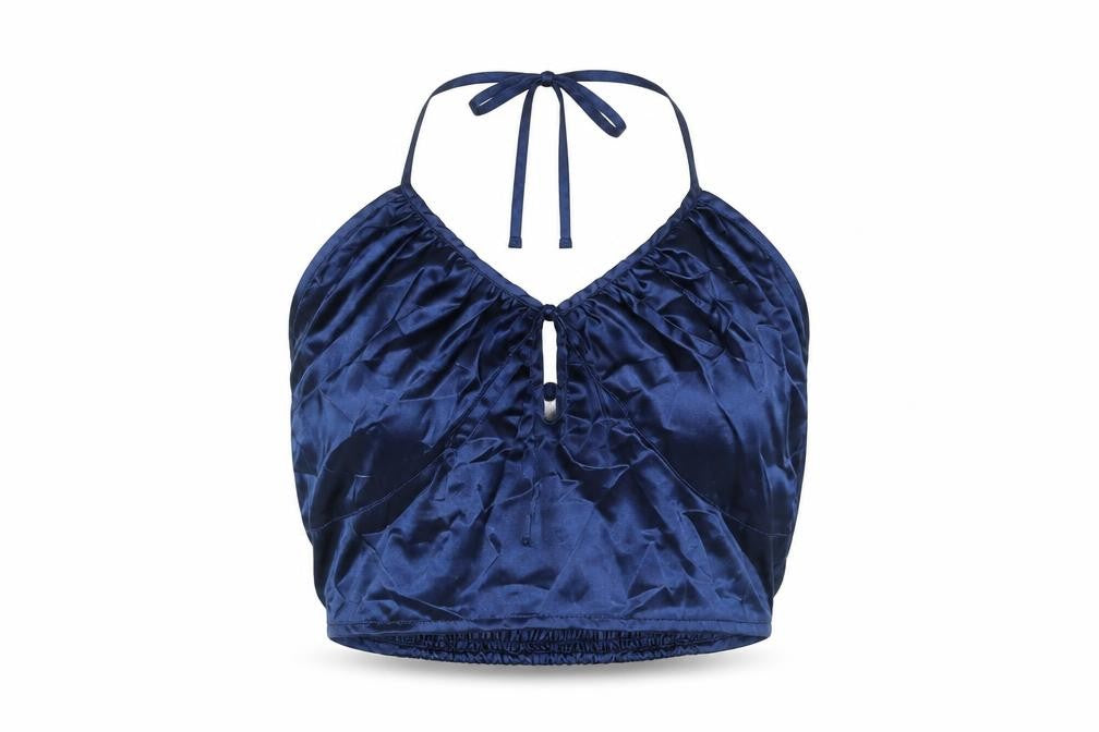 Wednesday's Girl Womens Blue Polyester Cropped Blouse Size XS Halter