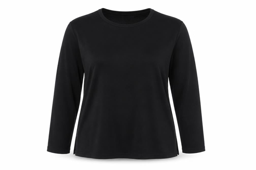 Front view of Design Essentials women’s black polyester basic blouse, size UK 16, round neck