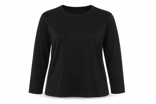 Front view of Design Essentials women’s black polyester basic blouse, size UK 16, round neck