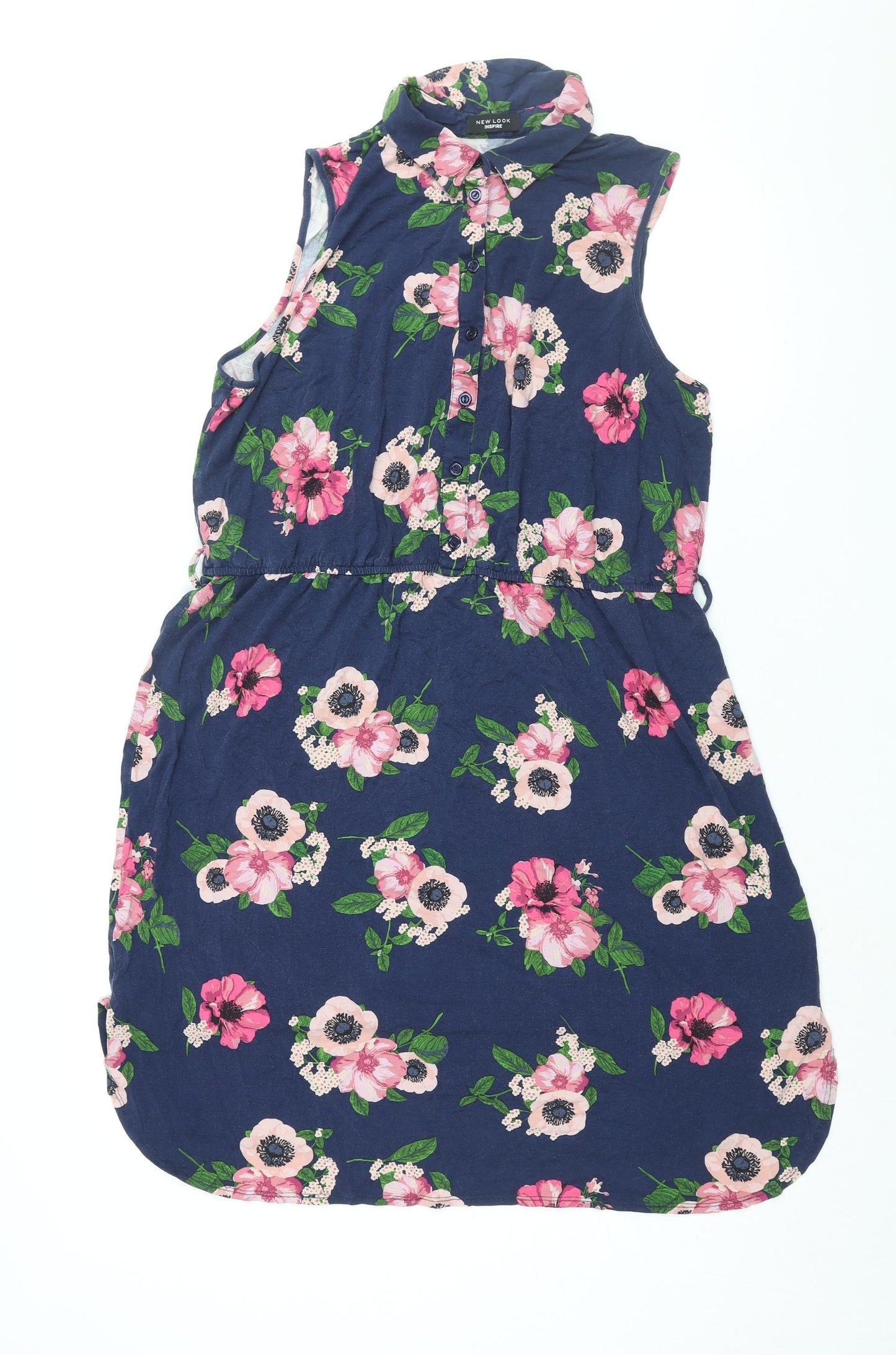 New Look Womens Blue Floral Viscose Shirt Dress Size 18 Collared Button