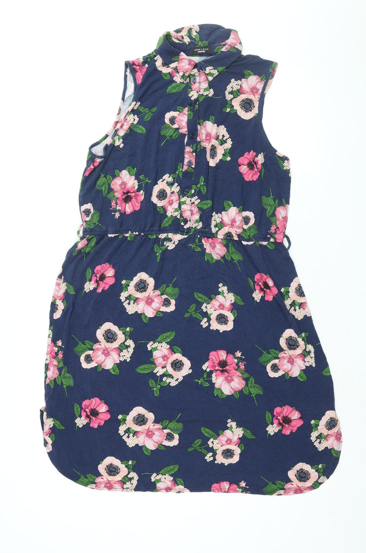 New Look Womens Blue Floral Viscose Shirt Dress Size 18 Collared Button