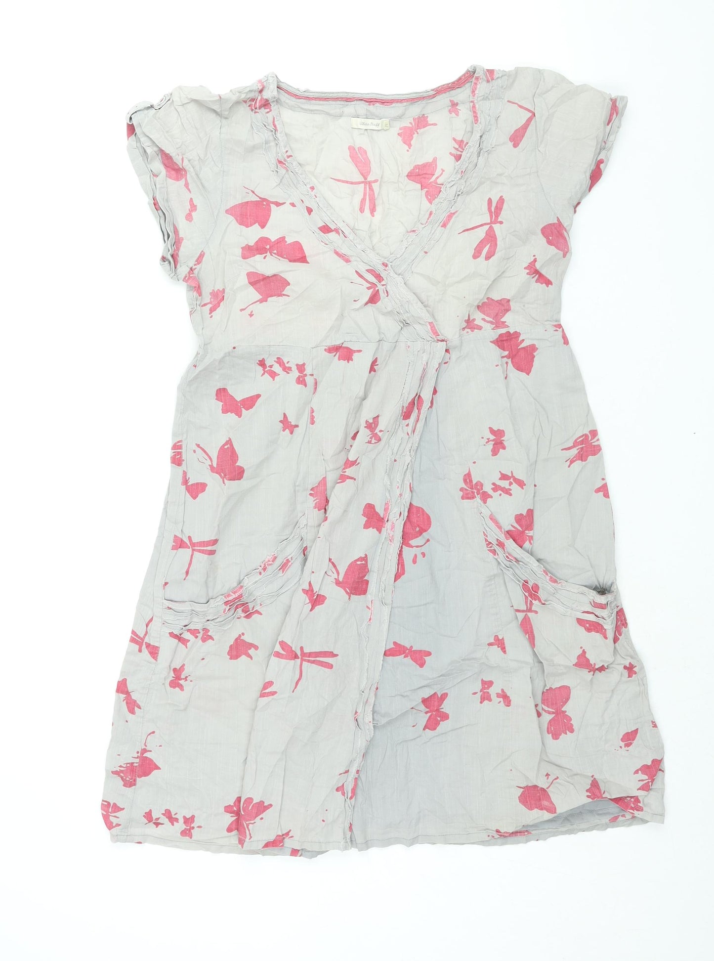 White Stuff Womens Grey Geometric Cotton A-Line Size 12 V-Neck Pullover - Butterfly Print
