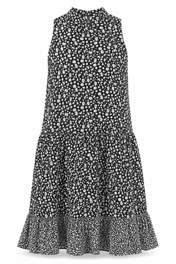 Front view of Topshop women’s black floral viscose shift, size UK 10, mock neck button - smocked