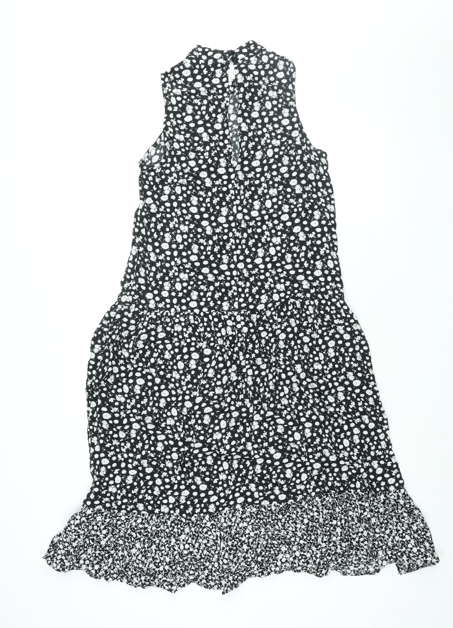 Topshop Womens Black Floral Viscose Shift Size 10 Mock Neck Button - Smocked