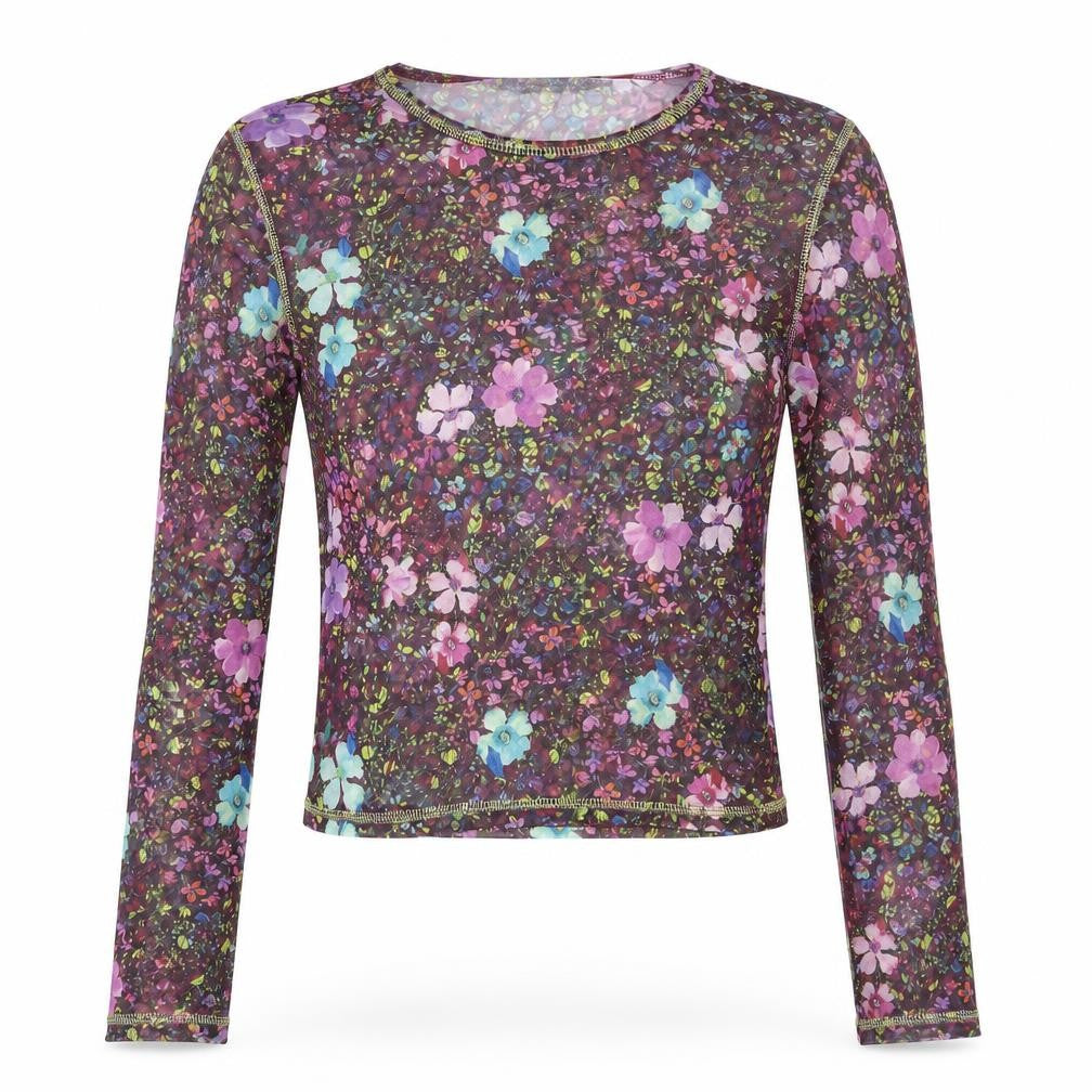Front view of Urban Outfitters women’s multicoloured floral polyester basic blouse, size S, round neck - semi sheer