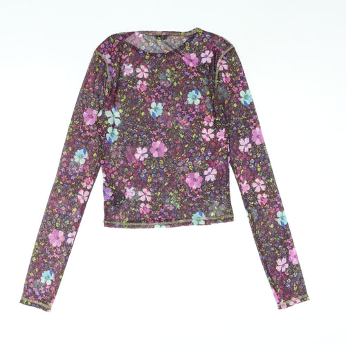Urban Outfitters Womens Multicoloured Floral Polyester Basic Blouse Size S Round Neck - Semi Sheer
