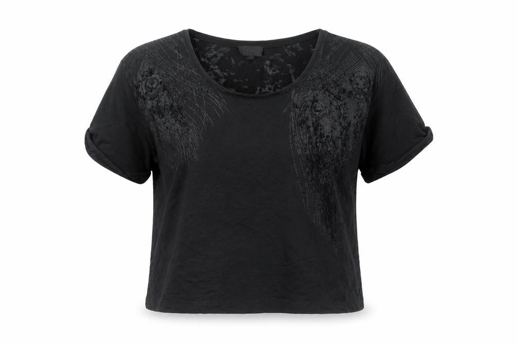 Front view of Topshop women’s black viscose basic t-shirt, size UK 6, round neck - geometric print