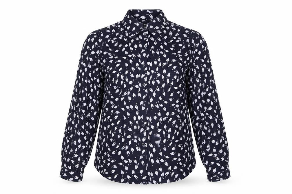 Front view of Clasic women’s blue geometric polyester basic button-up, size UK 14, collared