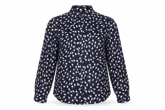 Front view of Clasic women’s blue geometric polyester basic button-up, size UK 14, collared