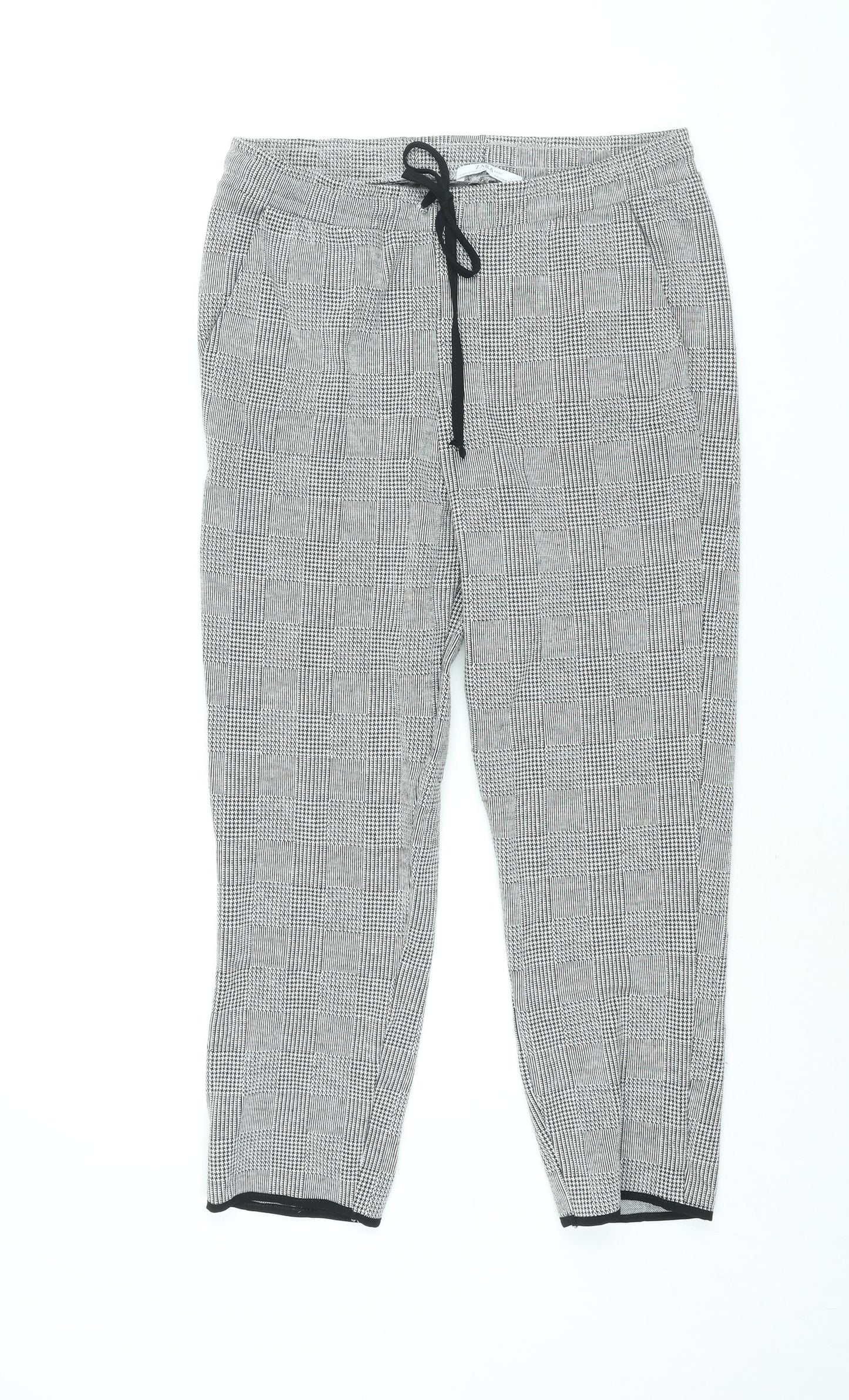 Zara Womens Grey Check Polyester Trousers Size M L26 in Regular Drawstring