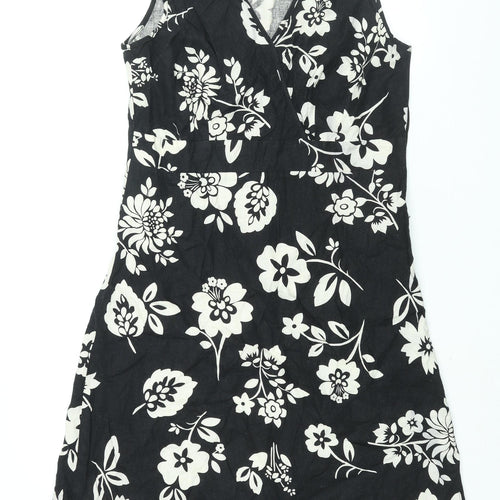 Mia Moda Womens Black Floral Linen Shift Size 14 V-Neck Zip
