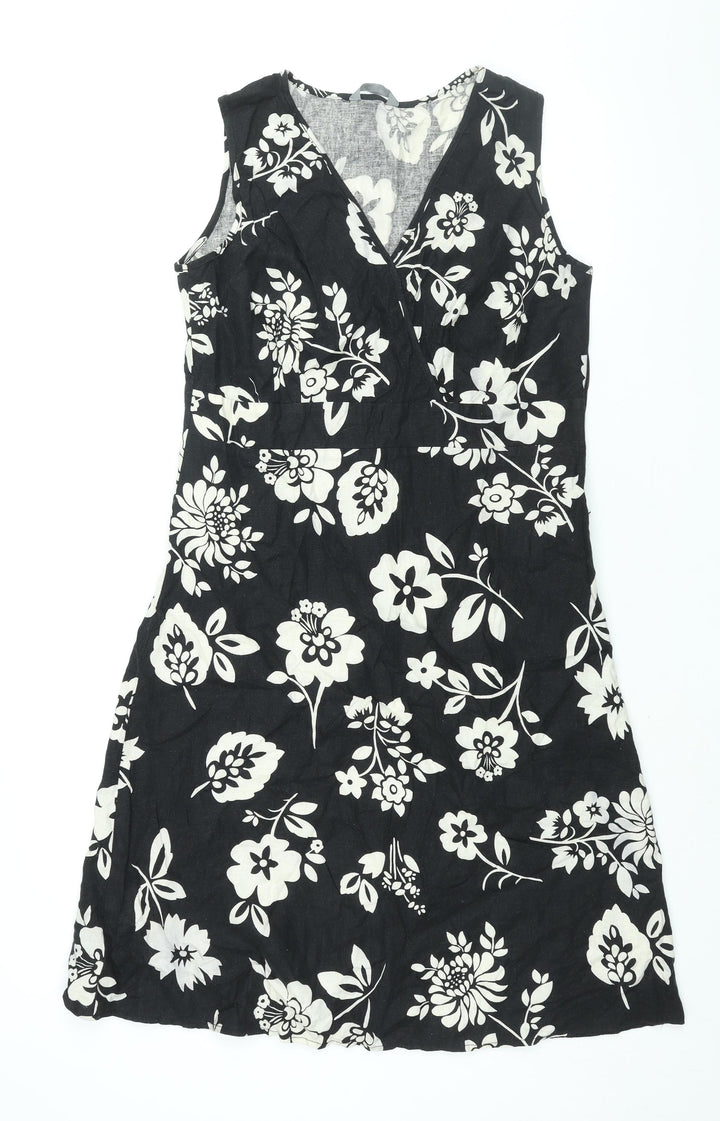 Mia Moda Womens Black Floral Linen Shift Size 14 V-Neck Zip