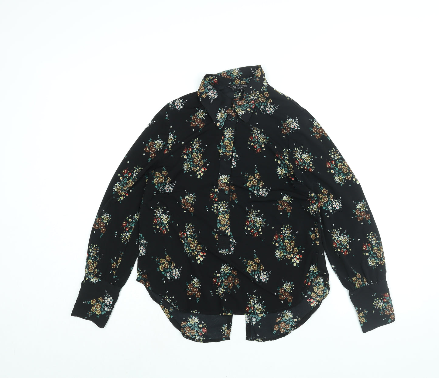 NEXT Womens Black Floral Polyester Basic Button-Up Size 10 Collared - Vented Back