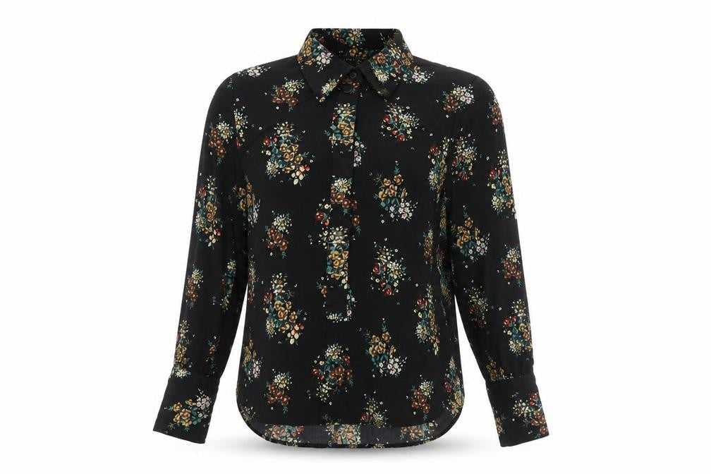 Front view of Next women’s black floral polyester basic button-up, size UK 10, collared - vented back