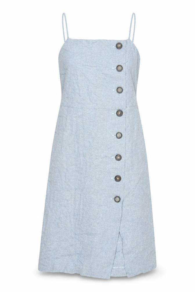 Front view of Warehouse women’s blue viscose shift, size UK 12, square neck zip - button detail