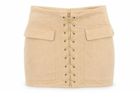 Front view of Misspap women’s beige polyester mini skirt, size M, zip - lace up detail