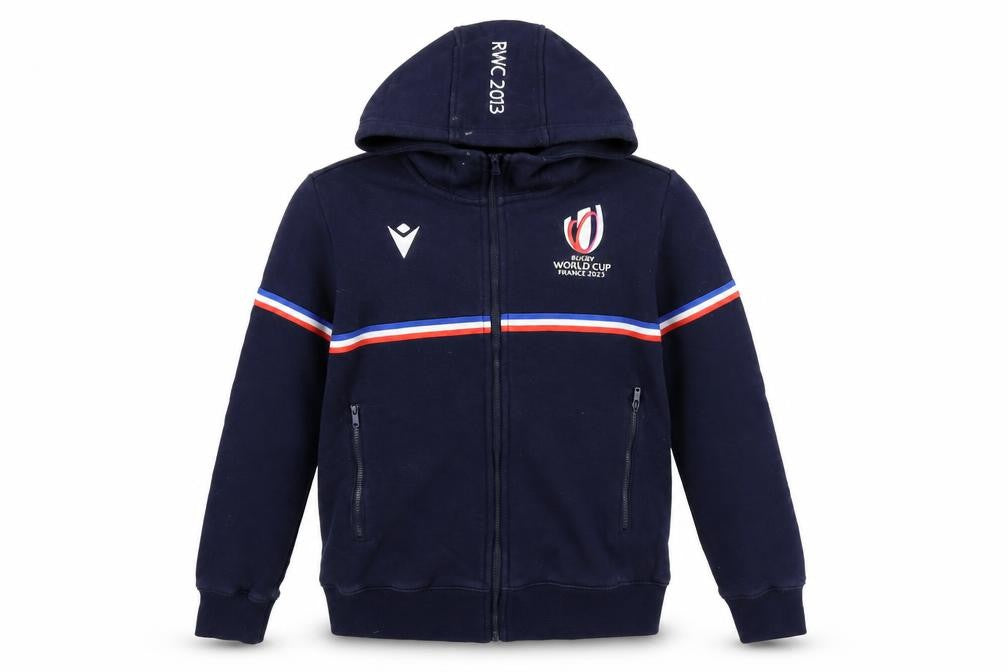 Front view of Macron boys’ blue cotton full zip hoodie, size M