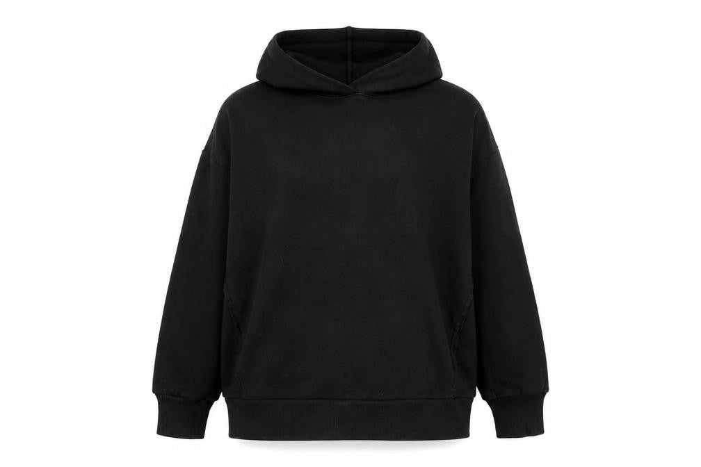 Front view of Gap women’s black cotton pullover hoodie, size M