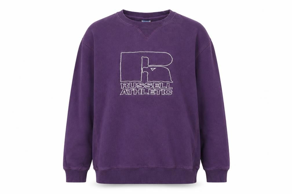 Front view of Russell Athletic women’s purple cotton pullover sweatshirt, size M