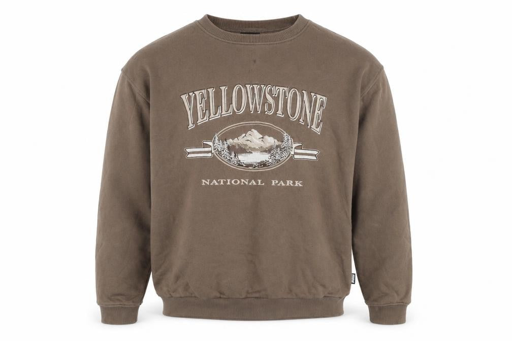 Front view of Minga men’s brown cotton pullover sweatshirt, size M