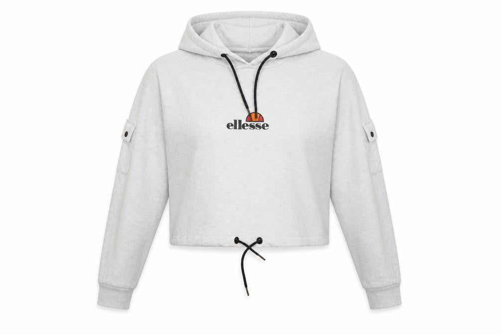 Front view of Ellesse women’s grey cotton pullover hoodie, size UK 16