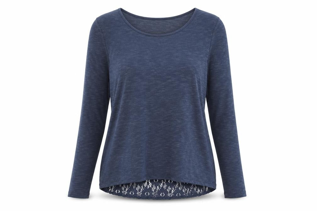 Front view of Next women’s blue polyester basic t-shirt, size UK 10, boat neck - lace detail to back.
