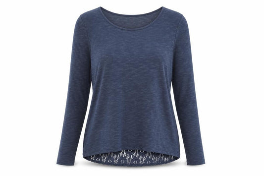 Front view of Next women’s blue polyester basic t-shirt, size UK 10, boat neck - lace detail to back.