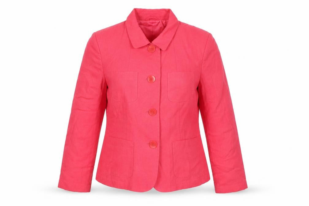 Front view of Talbots women’s pink jacket, size UK 8, button