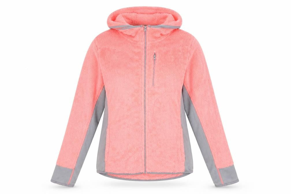 Front view of SO women’s pink mock neck polyester full zip jumper, size L