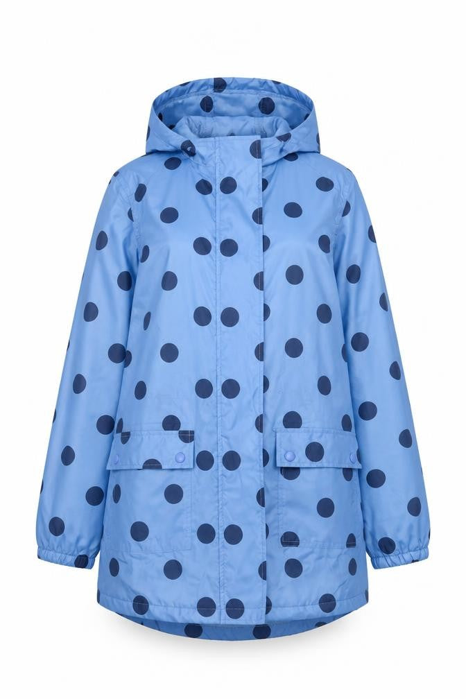 Front view of Cotton Traders women’s blue rain coat coat, size UK 12, zip