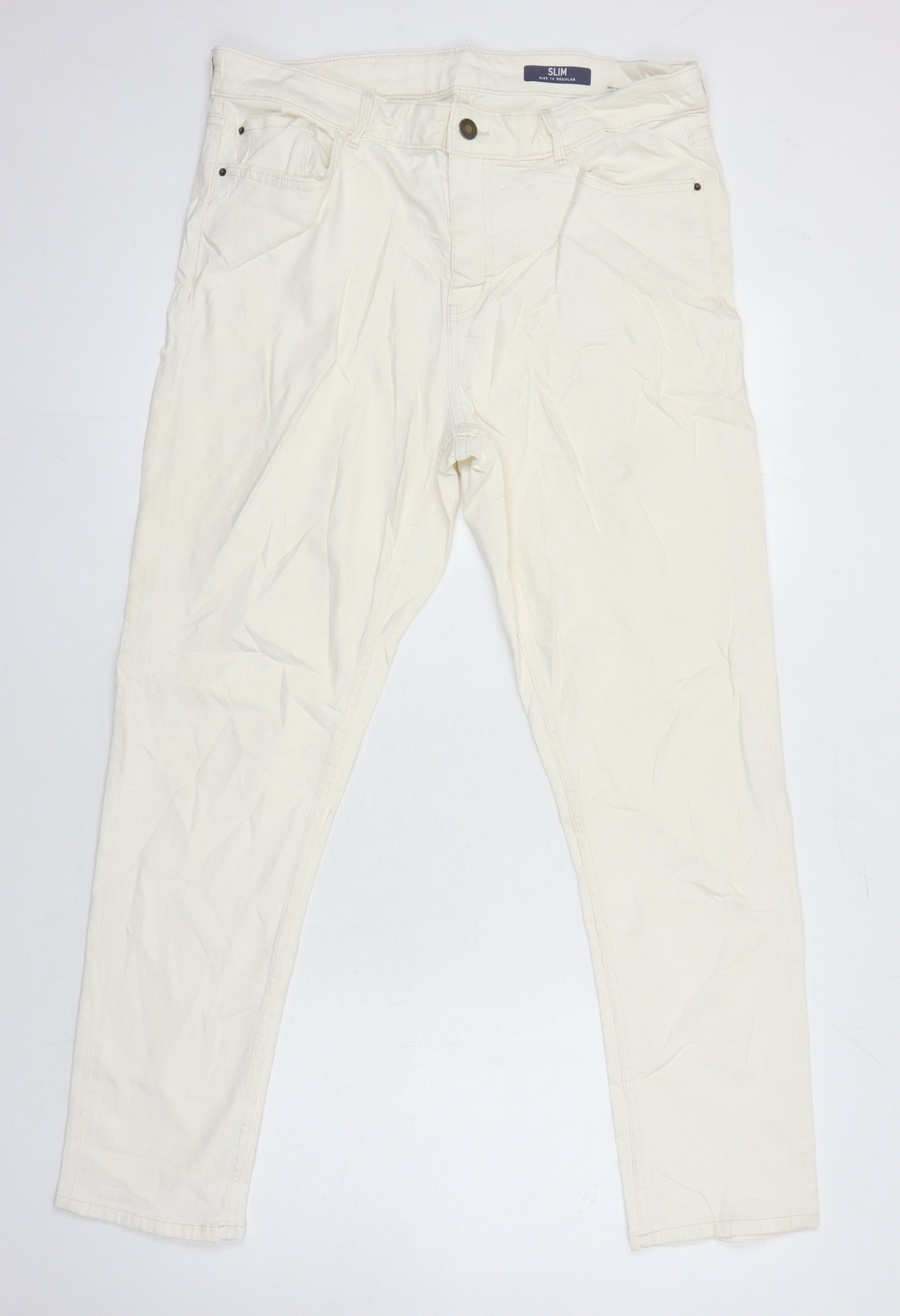 M&S Womens Ivory Cotton Tapered Jeans Size 16 L27 in Regular