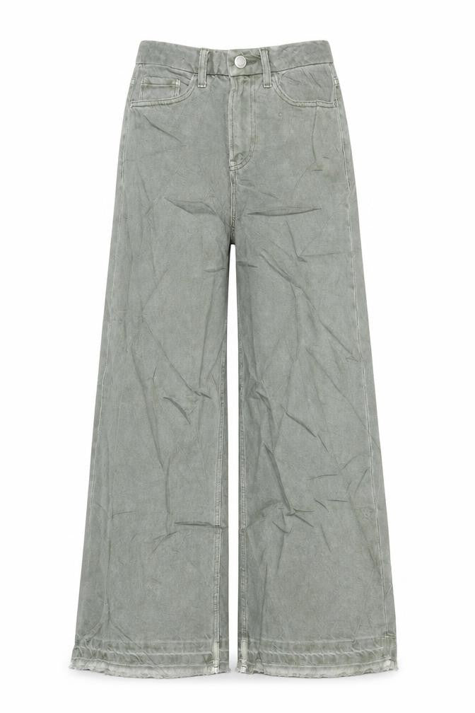 Front view of Marks & Spencer women’s green herringbone cotton wide-leg jeans, size UK 6, 25-inch leg regular