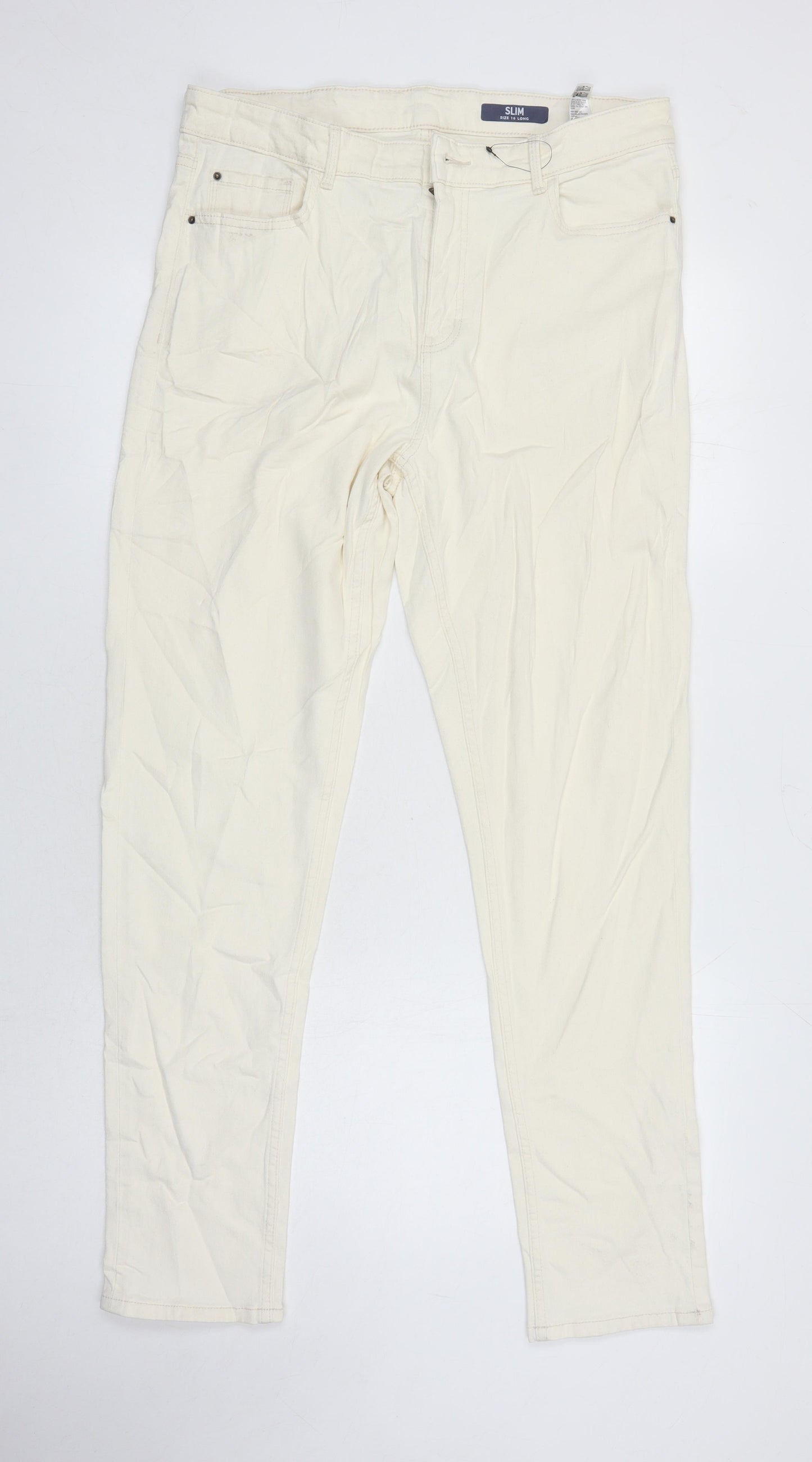 M&S Womens Ivory Cotton Straight Jeans Size 16 L30 in Regular