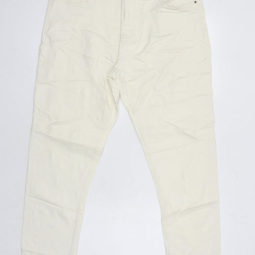 M&S Womens Ivory Herringbone Cotton Tapered Jeans Size 18 L28 in Regular